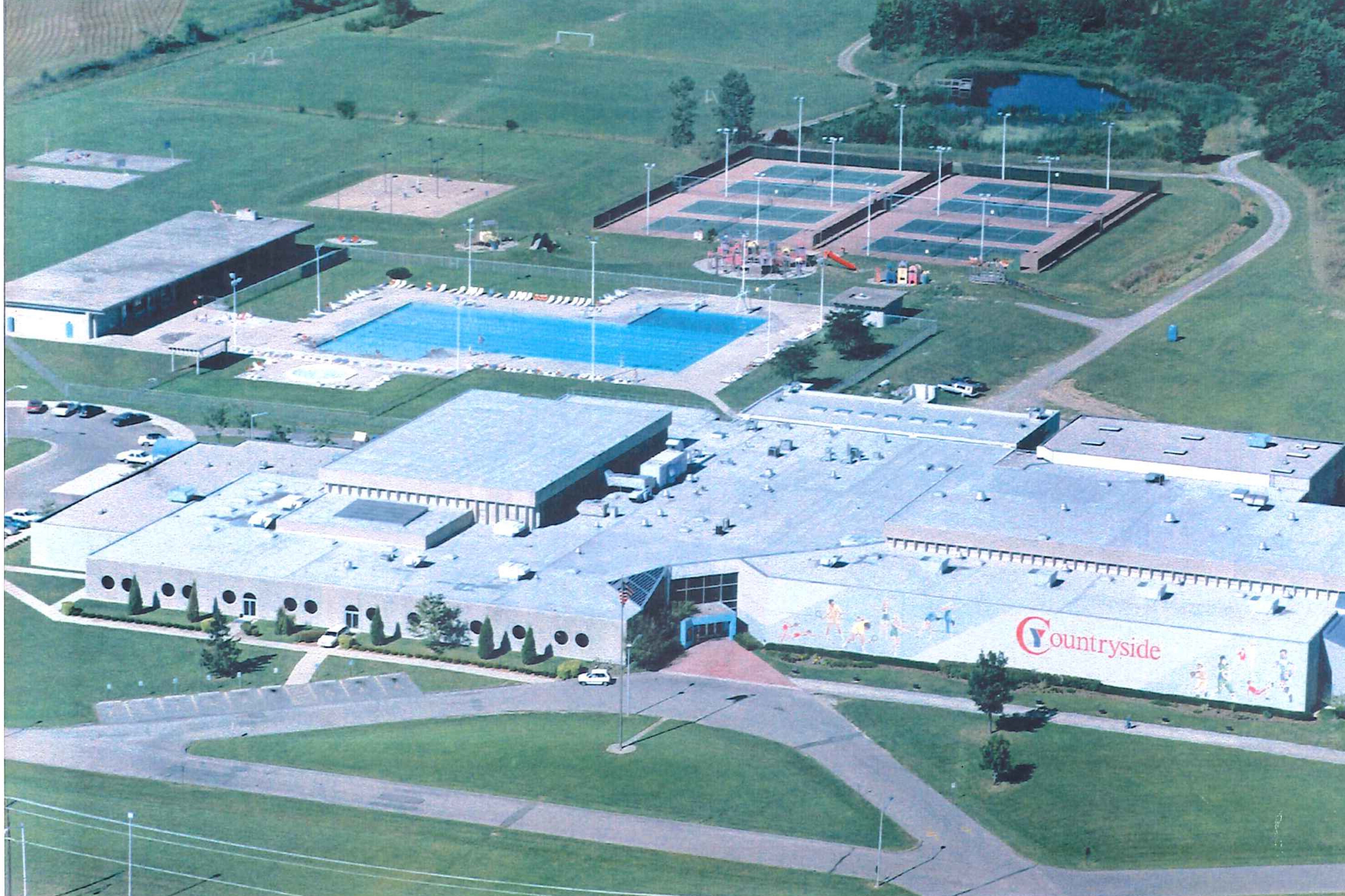 an old picture of the Countryside YMCA building from aerial view.
